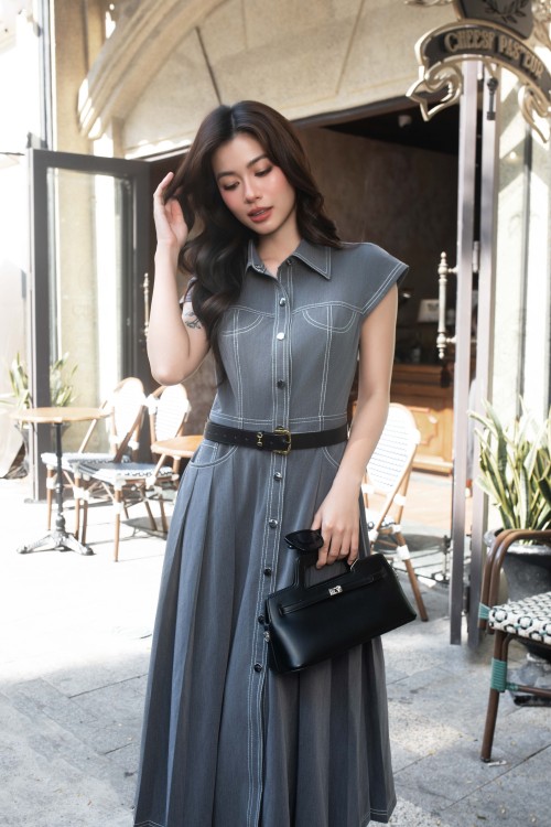 Sixdo Dark Grey Denim Flared Dress